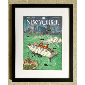 Framed 1990 New Yorker Magazine April 9 O'Brien Cruise Ship Whales NYC Harbor